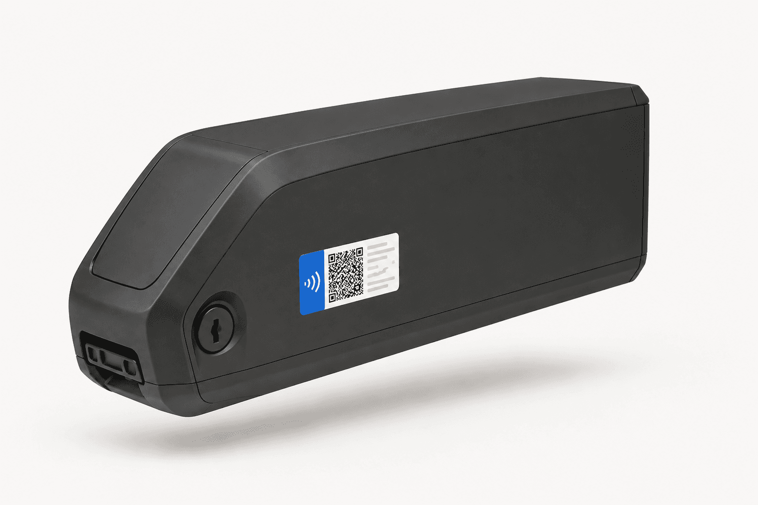 E-bike down-tube battery pack with a dual NFC and QR passport label